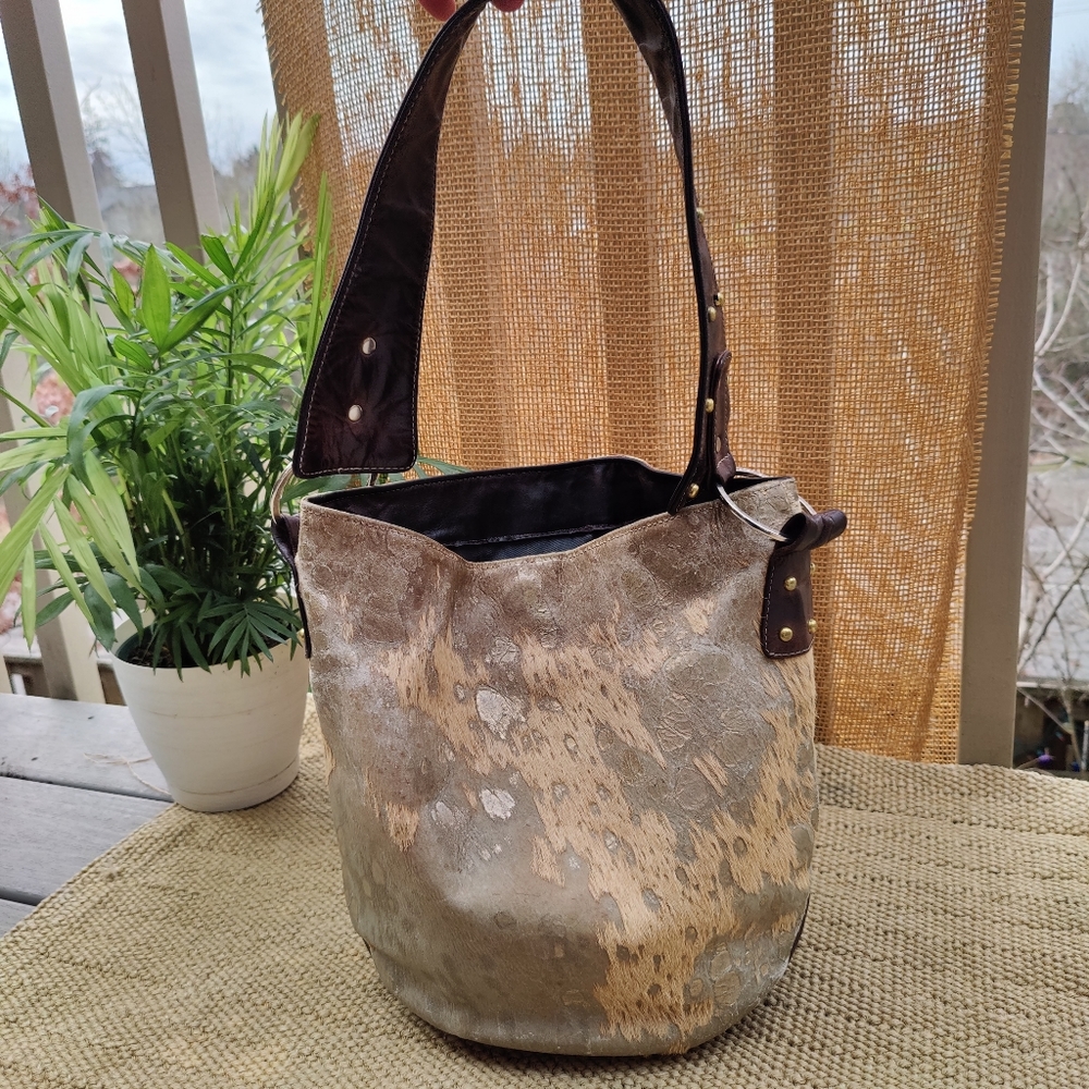 Gold Acid Washed Hairon and Cowhide Leather Western Bucket Bag Purse Tote